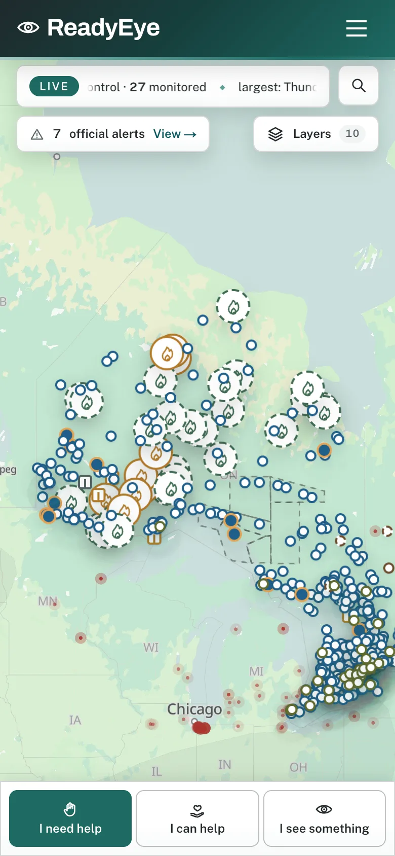 ReadyEye's live Ontario map: fires, satellite heat, alerts and every community